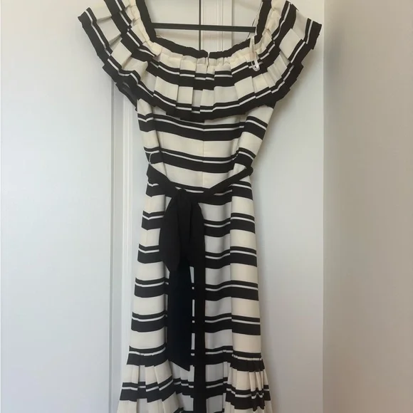 Halston Heritage Black and White Striped off shoulder  Dress - Picture 3 of 11